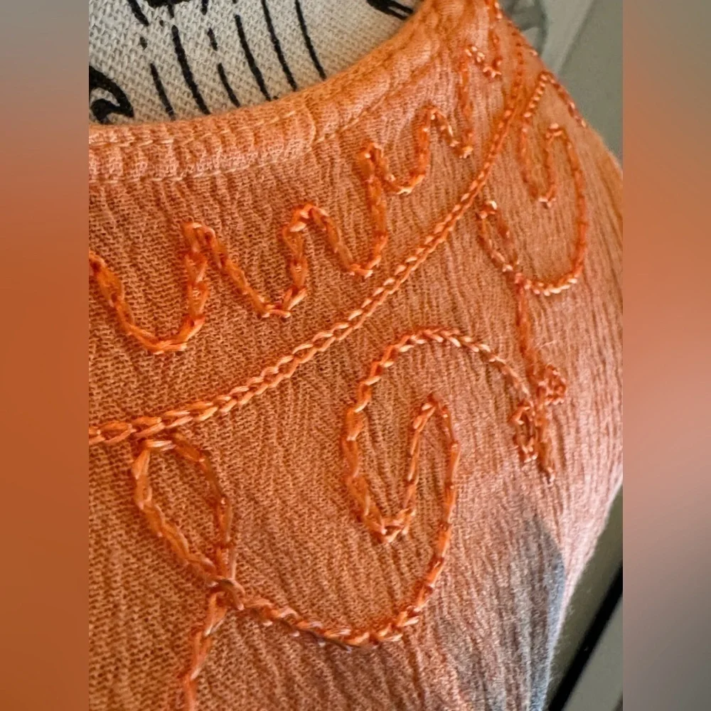 Vintage 90s Hand Painted Embroidered Tie Dye Umbrella Dress Orange Sleeveless - Picture 2 of 8